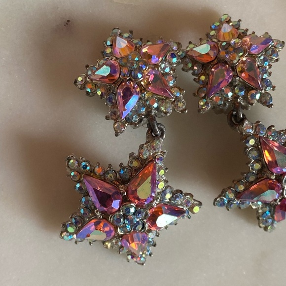 Vintage Thelma Deutsch Earrings pink/Star with AB Rhinestones Clip On ea… - Picture 5 of 13